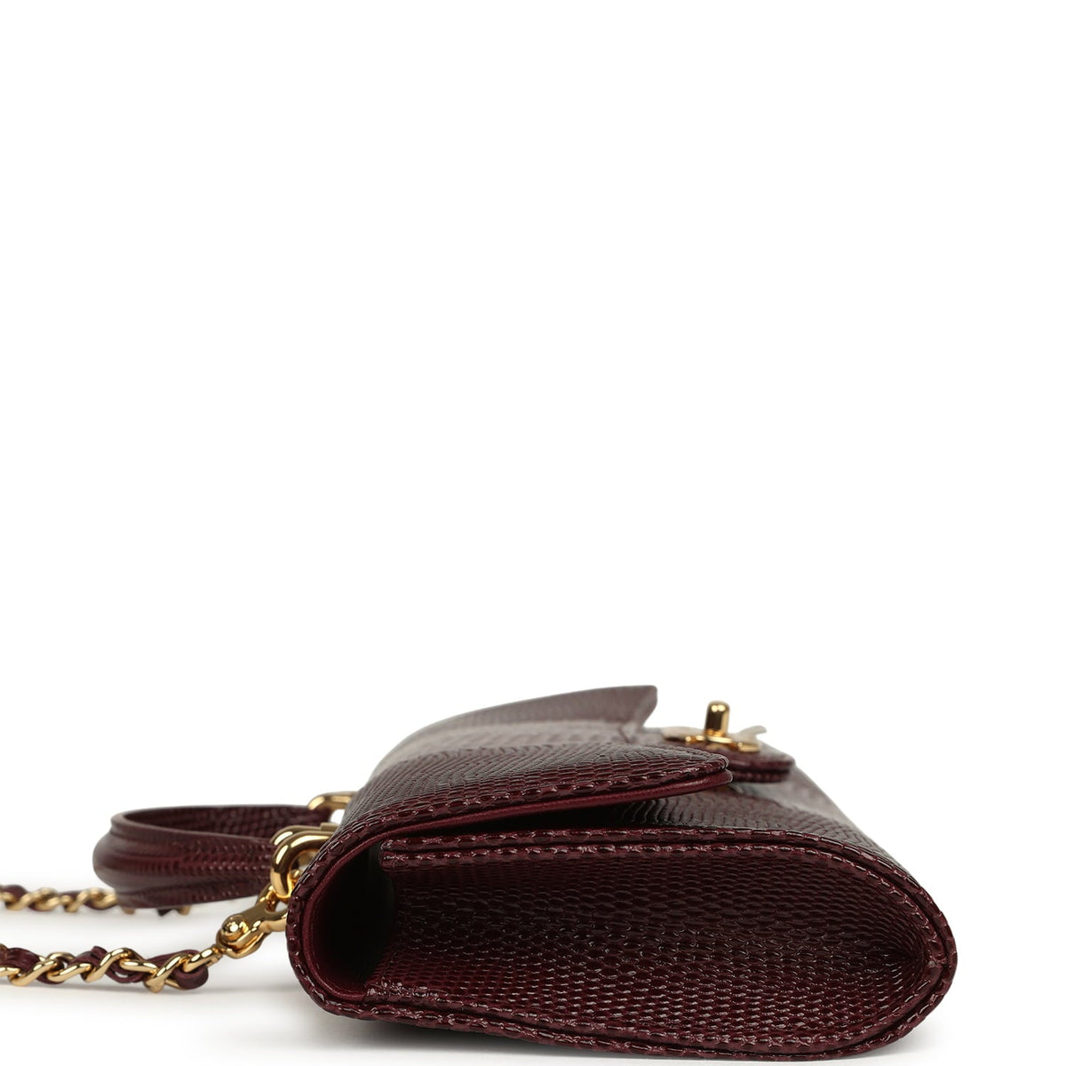 Chanel Long Top Handle Clutch with Chain Dark Burgundy Lizard Embossed Calfskin Gold Hardware