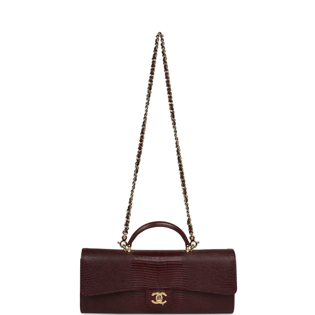 Chanel Long Top Handle Clutch with Chain Dark Burgundy Lizard Embossed Calfskin Gold Hardware