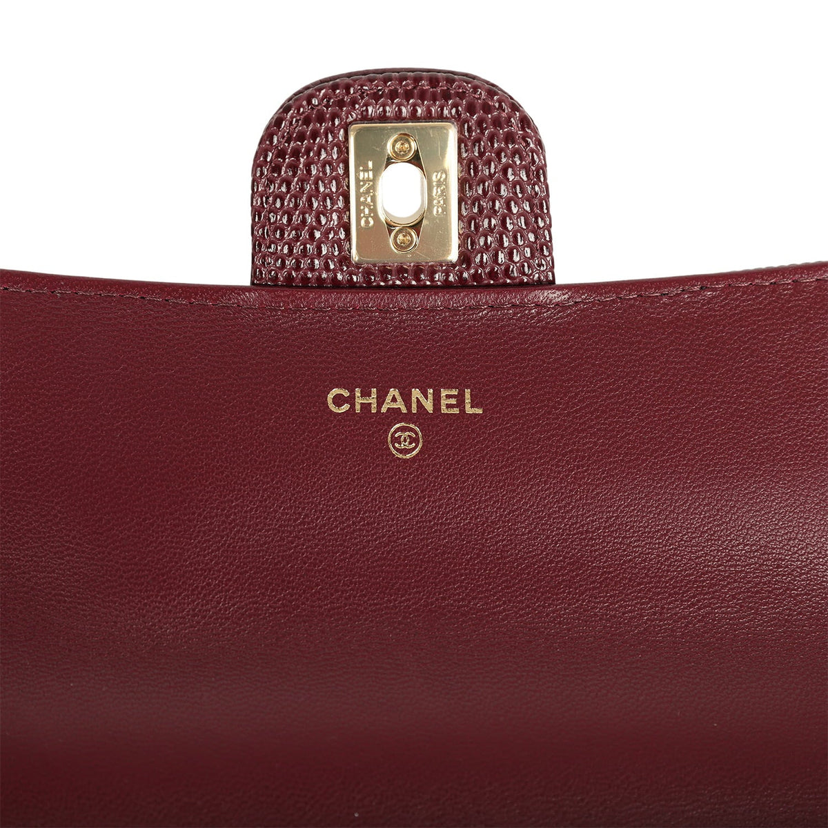Chanel Long Top Handle Clutch with Chain Dark Burgundy Lizard Embossed Calfskin Gold Hardware