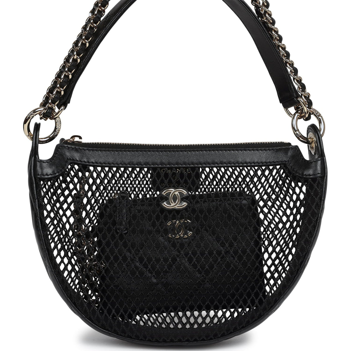 Chanel Round Clutch with Chain Black Mesh, Lambskin Light Gold Hardware