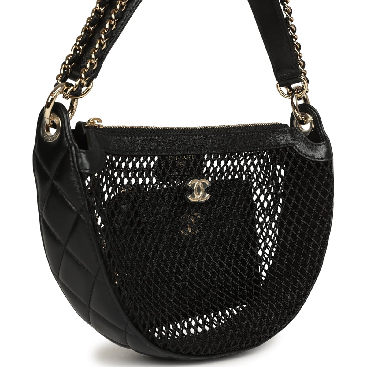 Chanel Round Clutch with Chain Black Mesh, Lambskin Light Gold Hardware