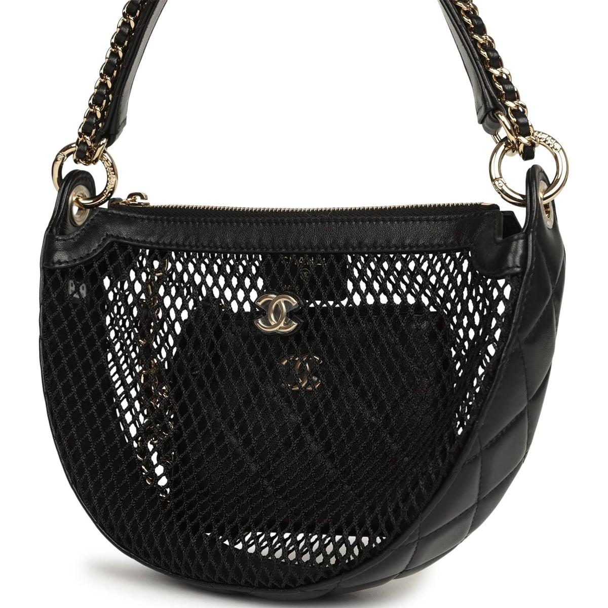Chanel Round Clutch with Chain Black Mesh, Lambskin Light Gold Hardware