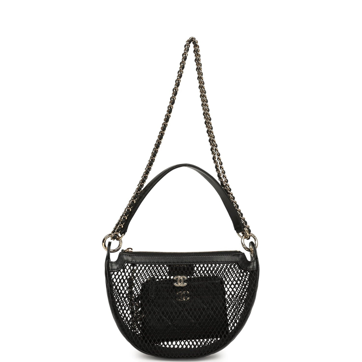 Chanel Round Clutch with Chain Black Mesh, Lambskin Light Gold Hardware
