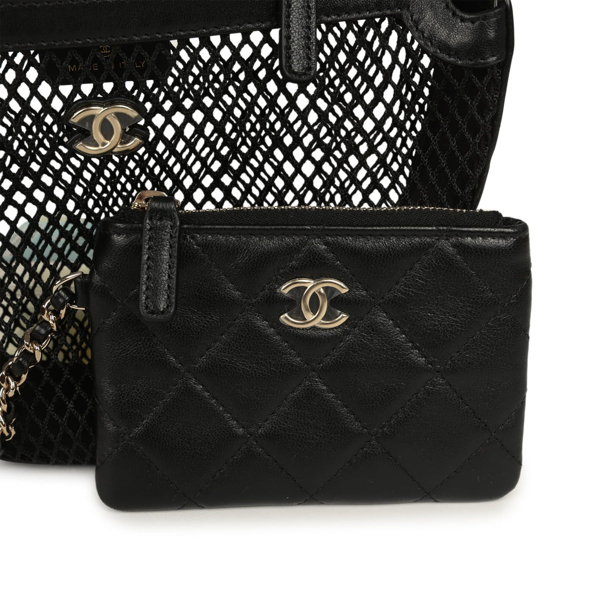Chanel Round Clutch with Chain Black Mesh, Lambskin Light Gold Hardware