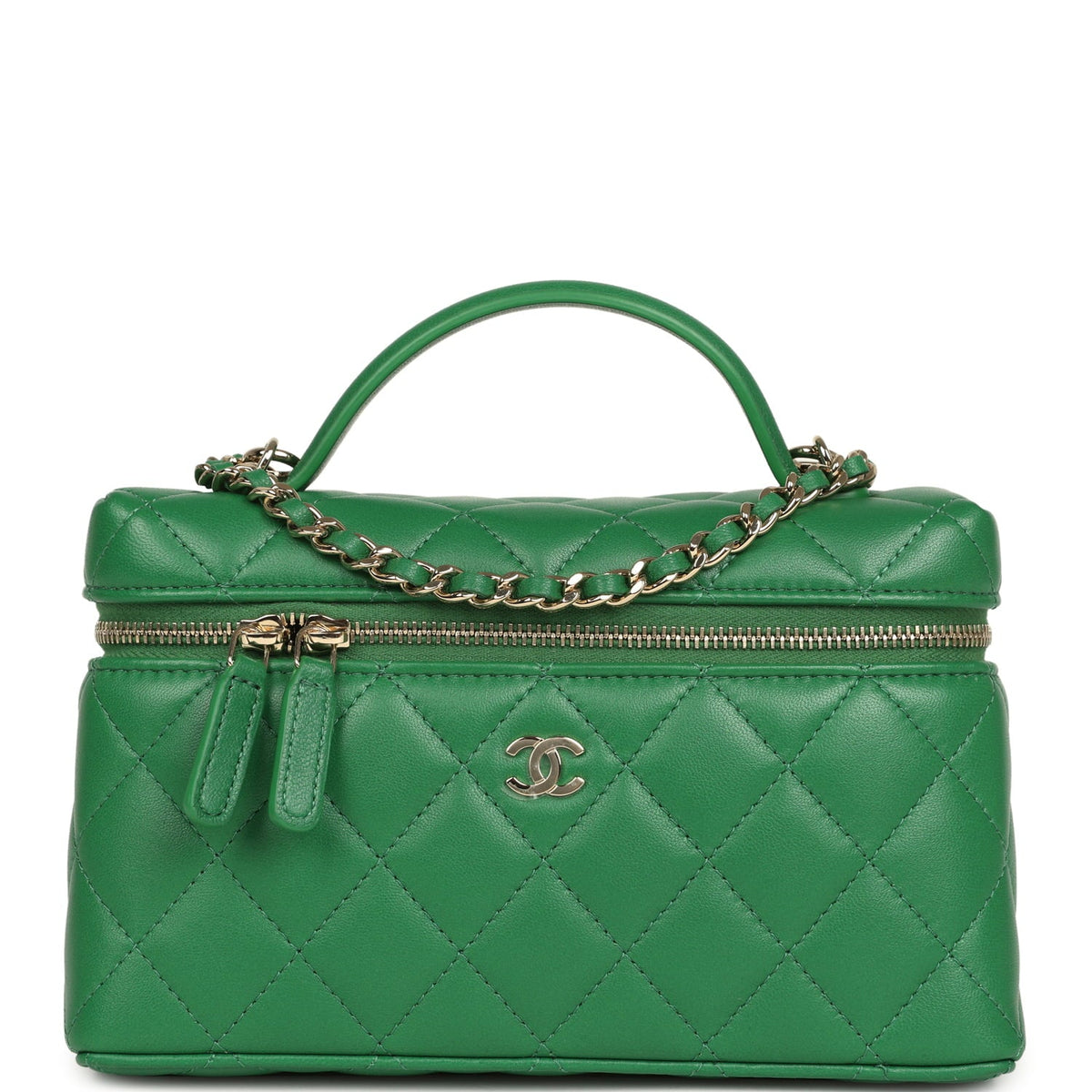 Chanel Top Handle Long Vanity Case with Chain Green Lambskin Light Gold Hardware