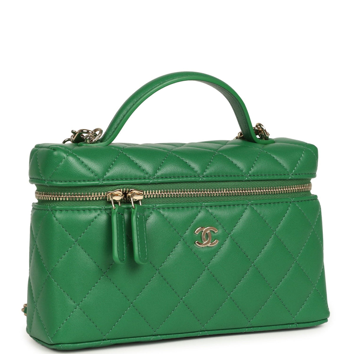 Chanel Top Handle Long Vanity Case with Chain Green Lambskin Light Gold Hardware