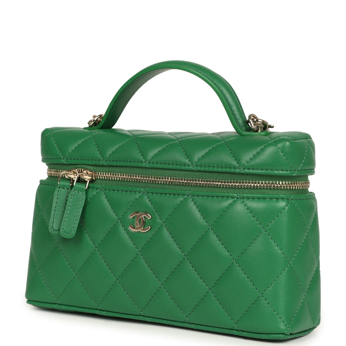 Chanel Top Handle Long Vanity Case with Chain Green Lambskin Light Gold Hardware