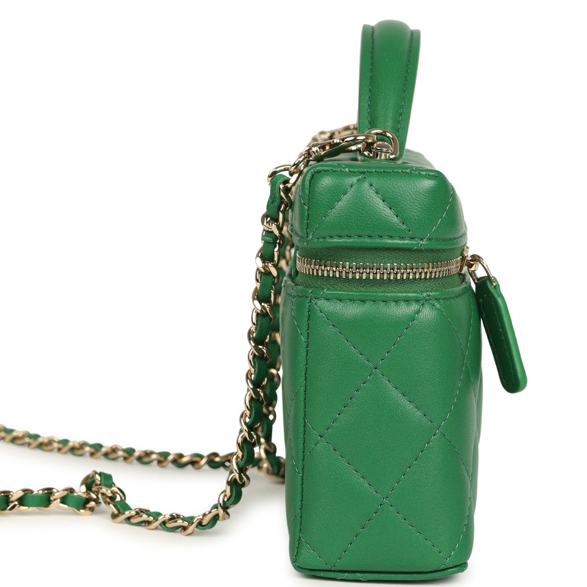 Chanel Top Handle Long Vanity Case with Chain Green Lambskin Light Gold Hardware