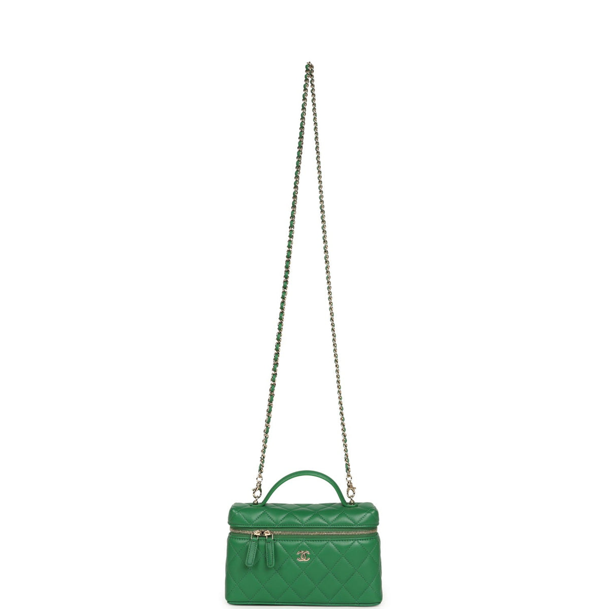 Chanel Top Handle Long Vanity Case with Chain Green Lambskin Light Gold Hardware