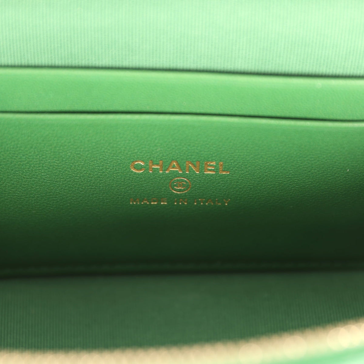 Chanel Top Handle Long Vanity Case with Chain Green Lambskin Light Gold Hardware