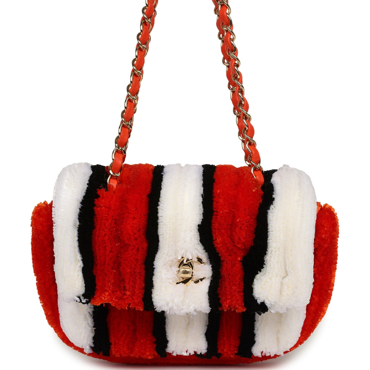 Chanel Small Coco Beach Stripe Flap Bag Orange, White and Black Raffia Gold Hardware