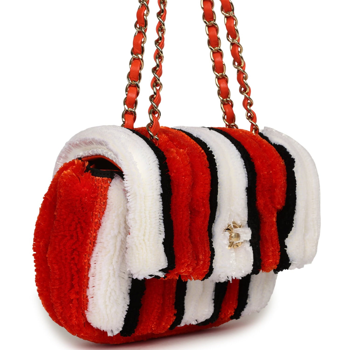 Chanel Small Coco Beach Stripe Flap Bag Orange, White and Black Raffia Gold Hardware