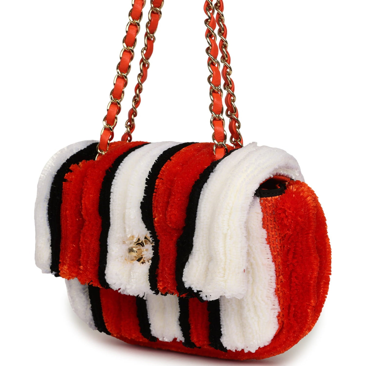 Chanel Small Coco Beach Stripe Flap Bag Orange, White and Black Raffia Gold Hardware