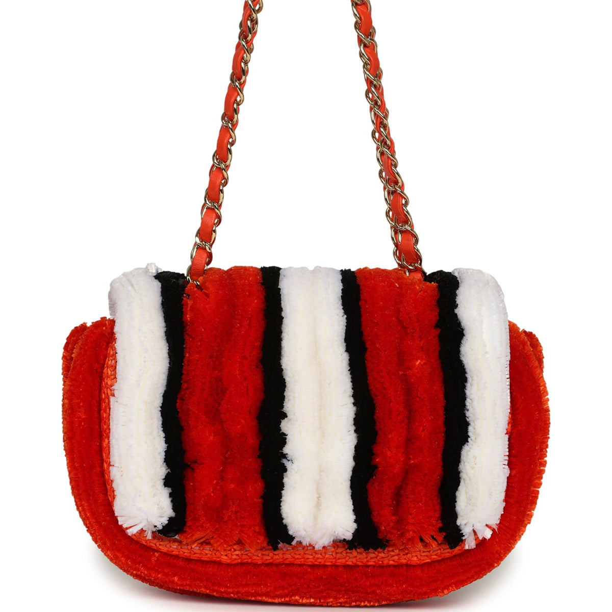 Chanel Small Coco Beach Stripe Flap Bag Orange, White and Black Raffia Gold Hardware