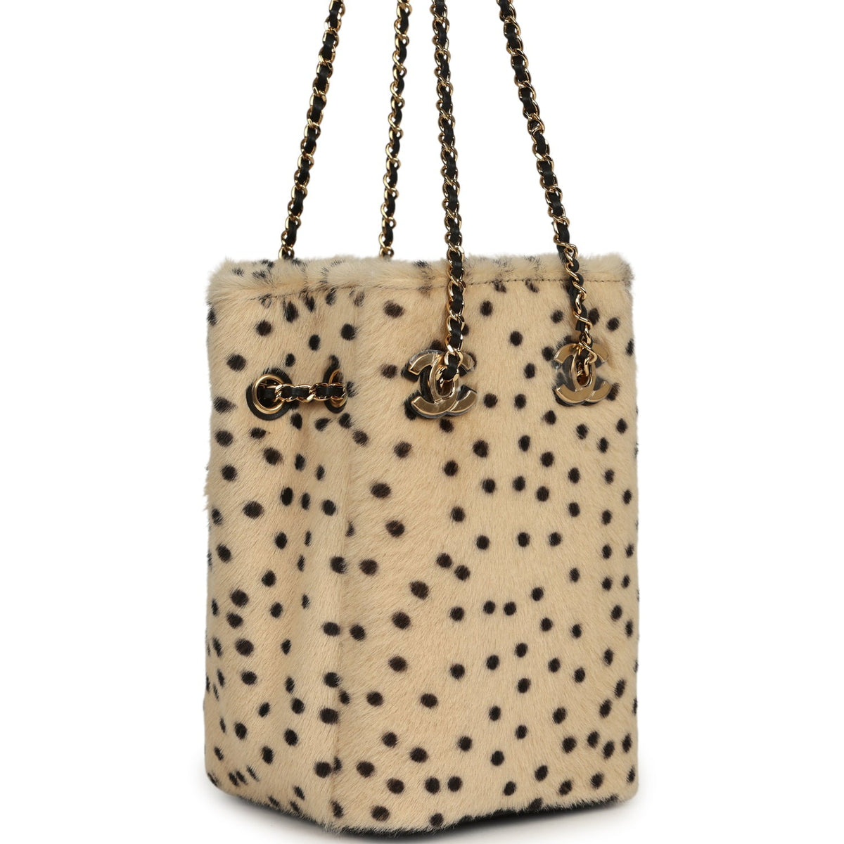 Chanel Mini "Cheetah Print" Bucket Bag with Chain Light Beige Calf Hair and Black Lambskin Gold Hardware
