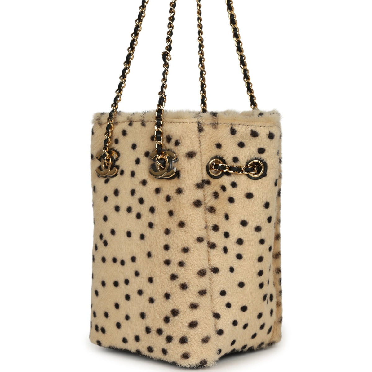 Chanel Mini "Cheetah Print" Bucket Bag with Chain Light Beige Calf Hair and Black Lambskin Gold Hardware