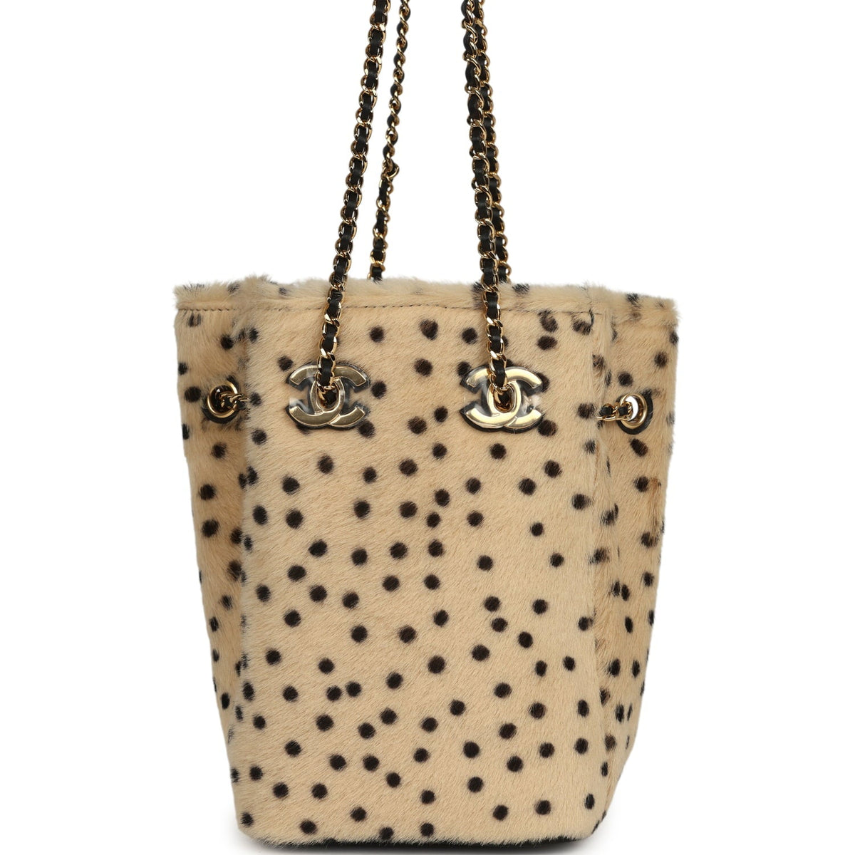 Chanel Mini "Cheetah Print" Bucket Bag with Chain Light Beige Calf Hair and Black Lambskin Gold Hardware