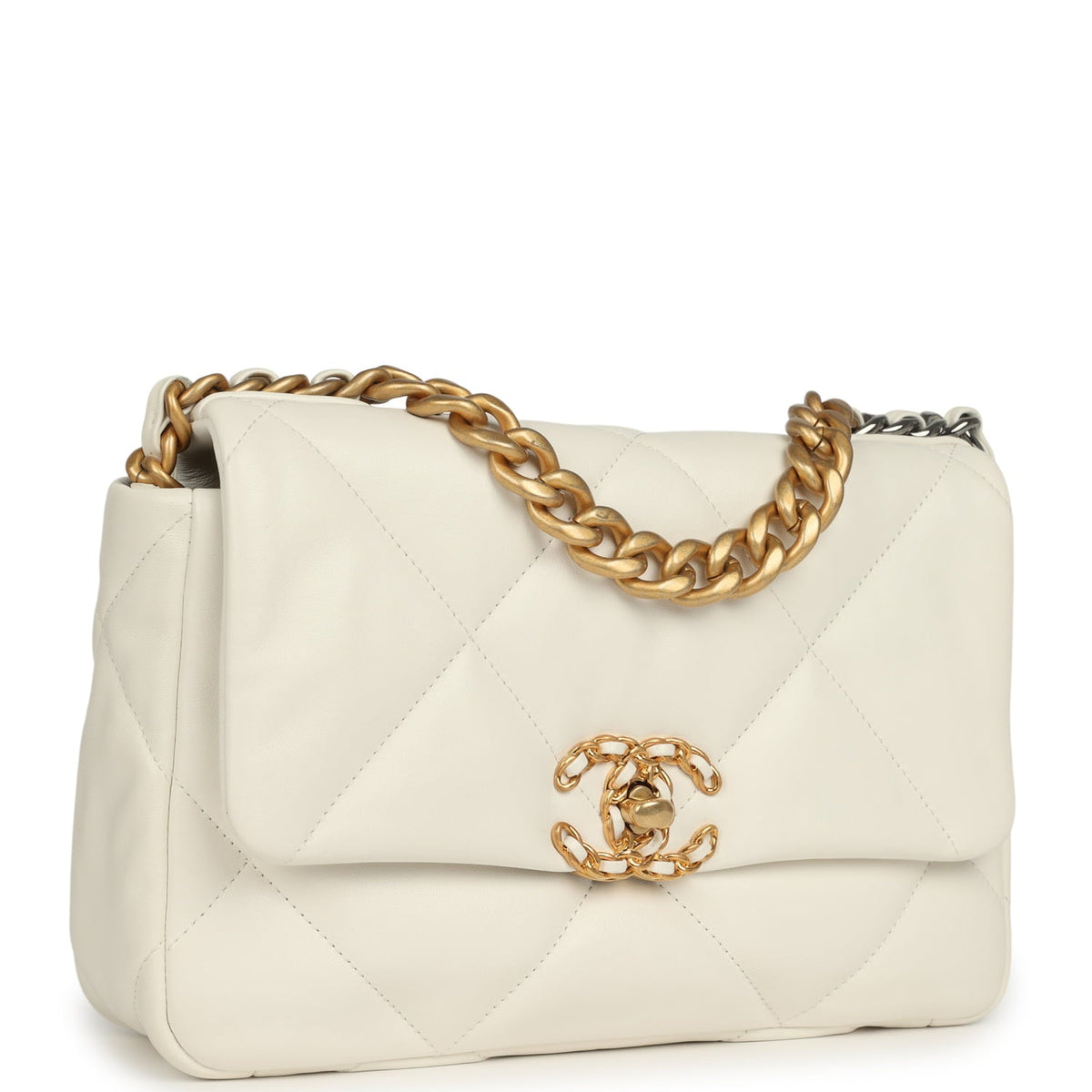 Pre-owned Chanel Medium 19 Flap Bag White Lambskin Mixed Metal Hardware