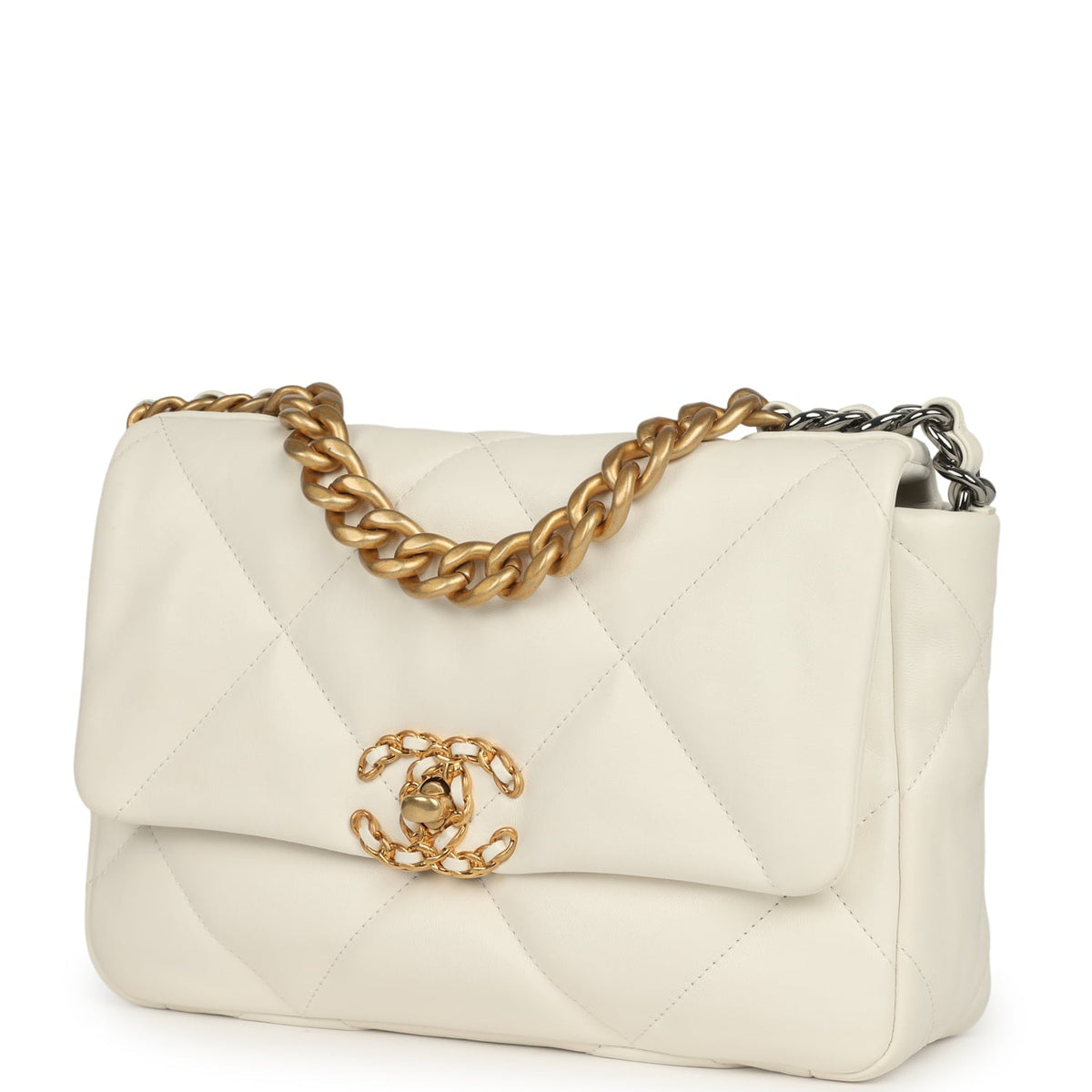 Pre-owned Chanel Medium 19 Flap Bag White Lambskin Mixed Metal Hardware