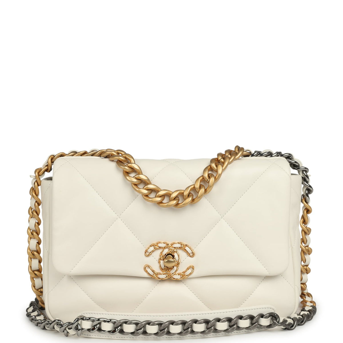 Pre-owned Chanel Medium 19 Flap Bag White Lambskin Mixed Metal Hardware