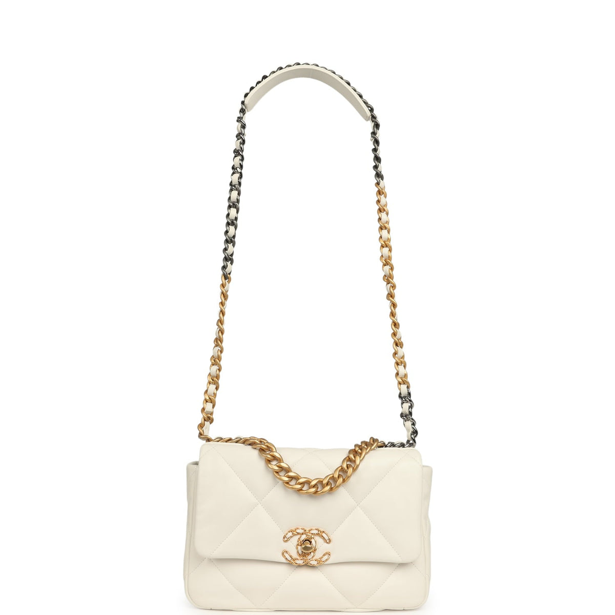 Pre-owned Chanel Medium 19 Flap Bag White Lambskin Mixed Metal Hardware