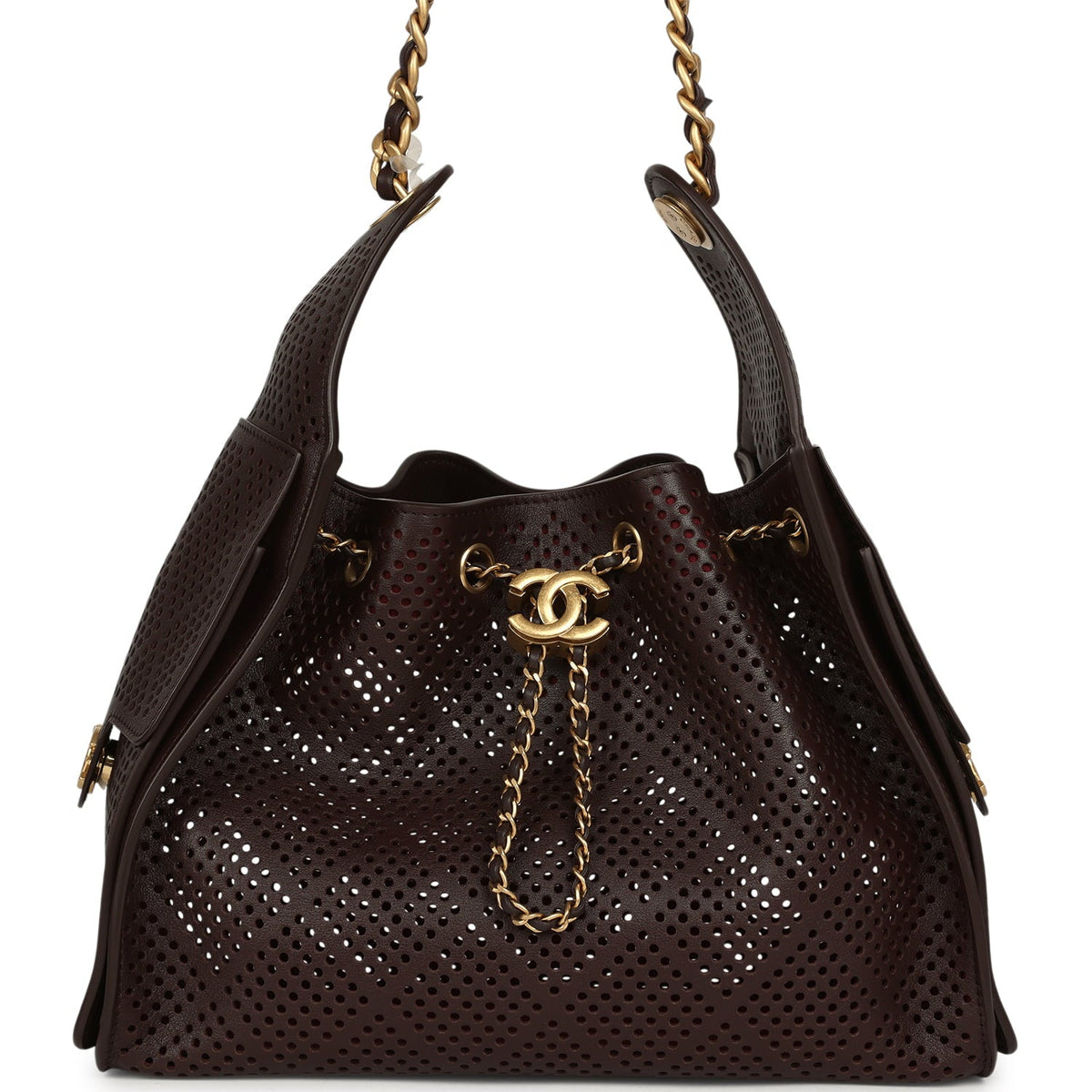 Chanel Small 25 Hobo Bag Dark Brown Perforated Calfskin Antique Gold Hardware