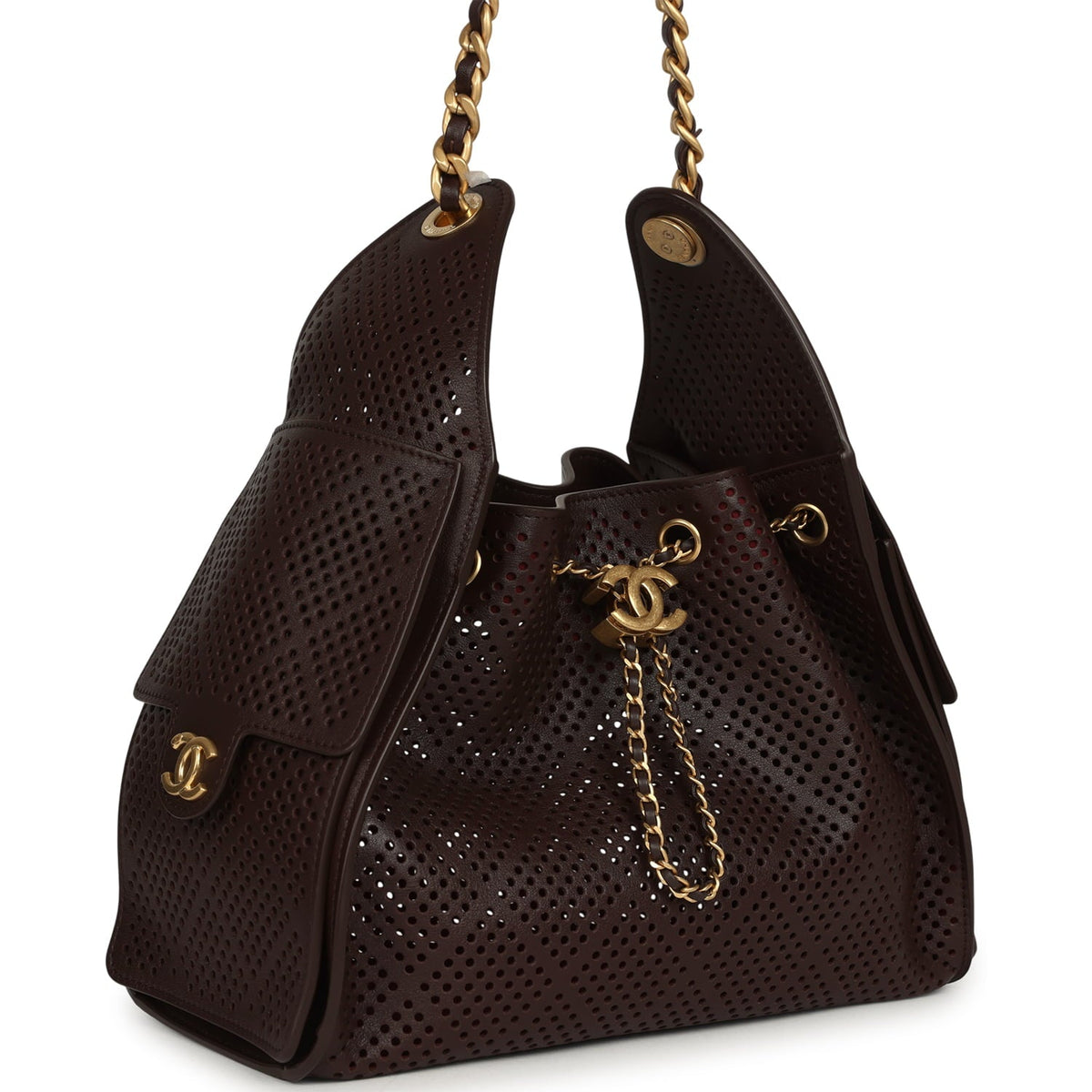 Chanel Small 25 Hobo Bag Dark Brown Perforated Calfskin Antique Gold Hardware