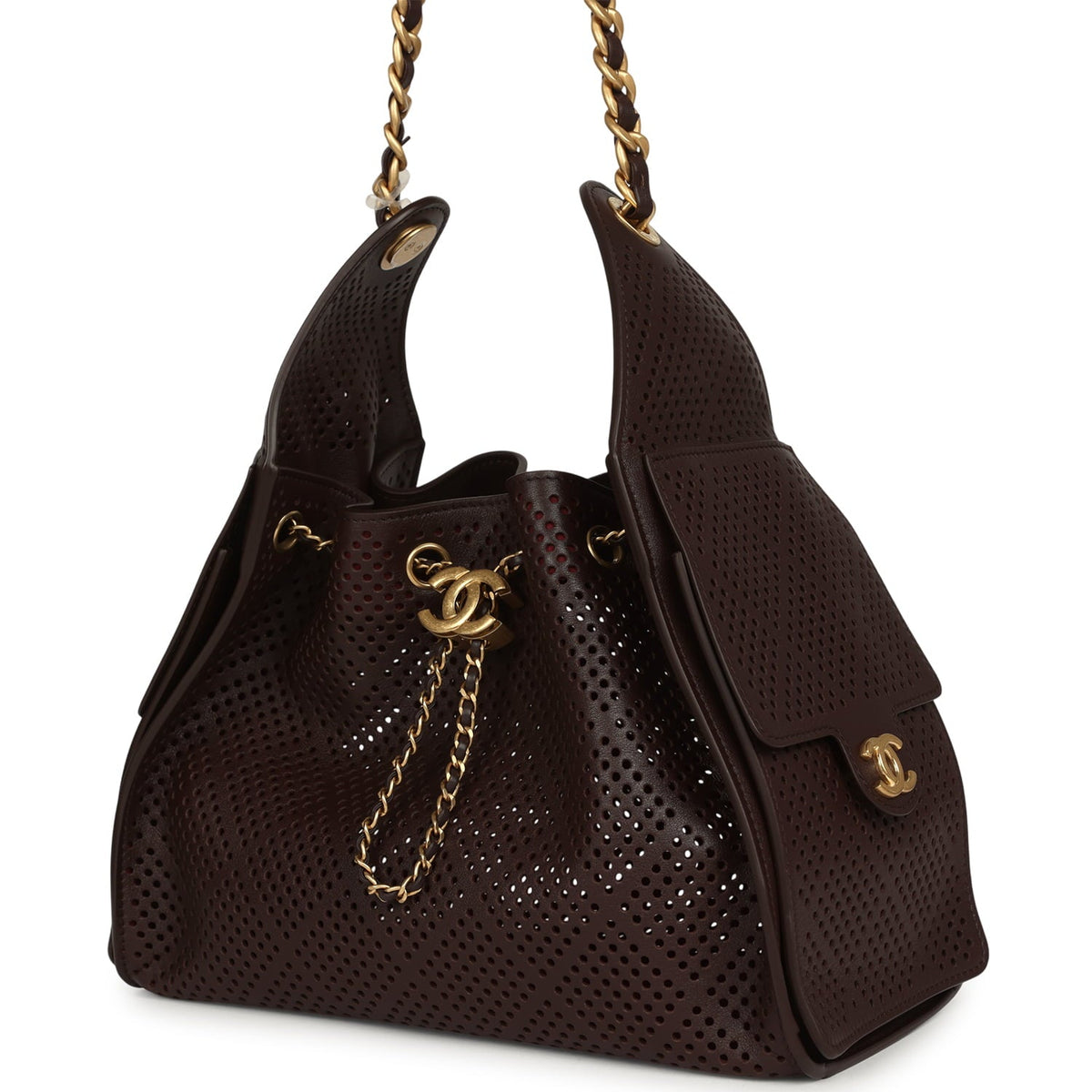 Chanel Small 25 Hobo Bag Dark Brown Perforated Calfskin Antique Gold Hardware