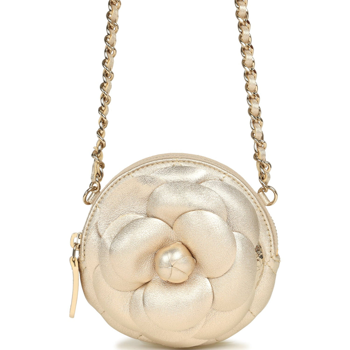 Chanel Mini CC Camellia Round Clutch With Chain Metallic Gold Lambskin Light Gold Hardware