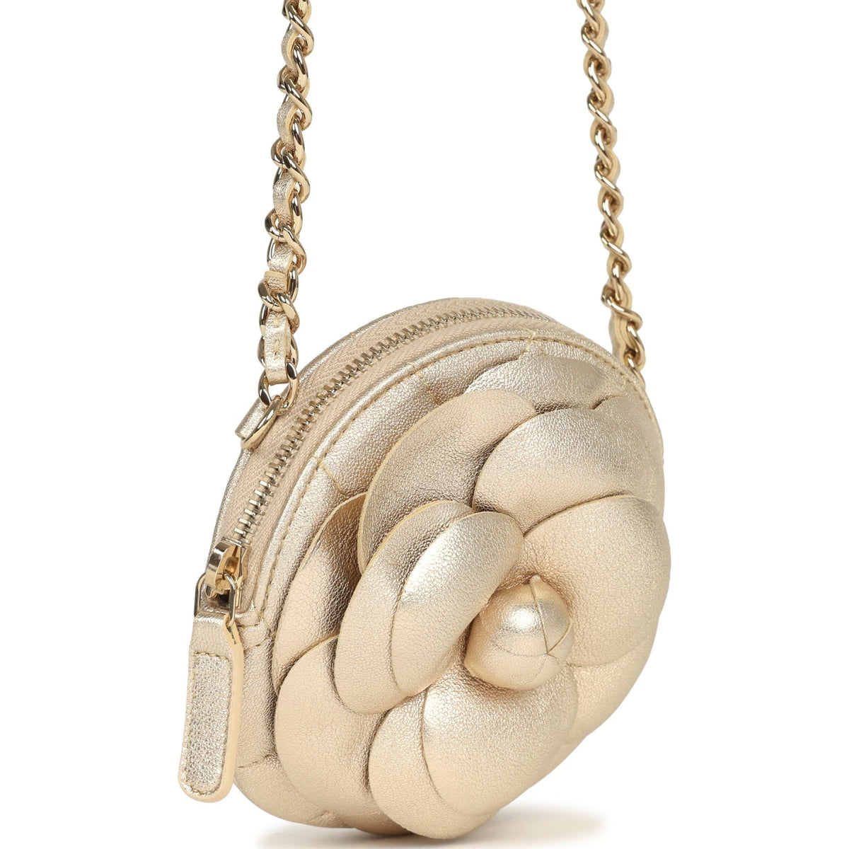 Chanel Mini CC Camellia Round Clutch With Chain Metallic Gold Lambskin Light Gold Hardware
