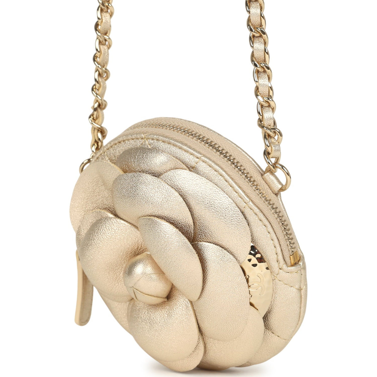 Chanel Mini CC Camellia Round Clutch With Chain Metallic Gold Lambskin Light Gold Hardware