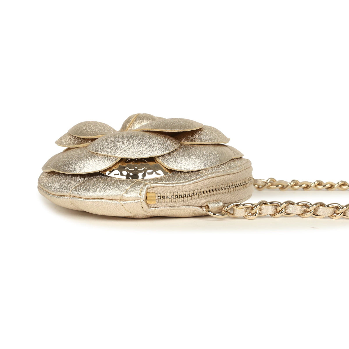 Chanel Mini CC Camellia Round Clutch With Chain Metallic Gold Lambskin Light Gold Hardware