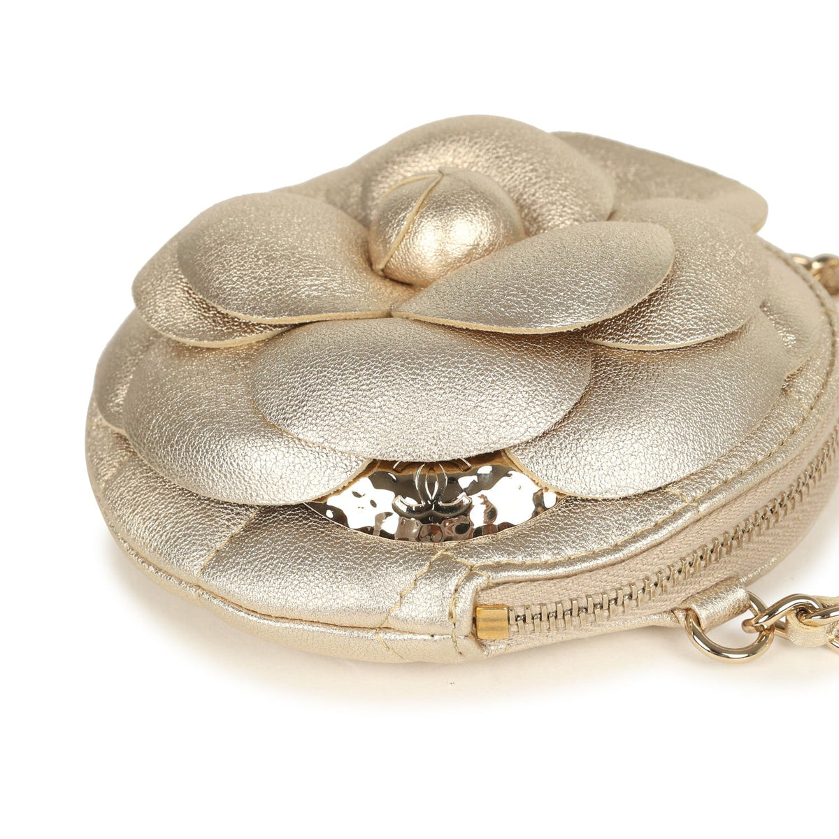 Chanel Mini CC Camellia Round Clutch With Chain Metallic Gold Lambskin Light Gold Hardware