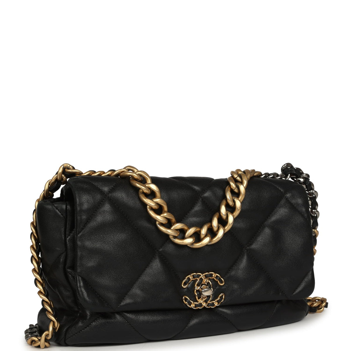 Pre-owned Chanel Large 19 Flap Bag Black Shiny Lambskin Mixed Metal Hardware