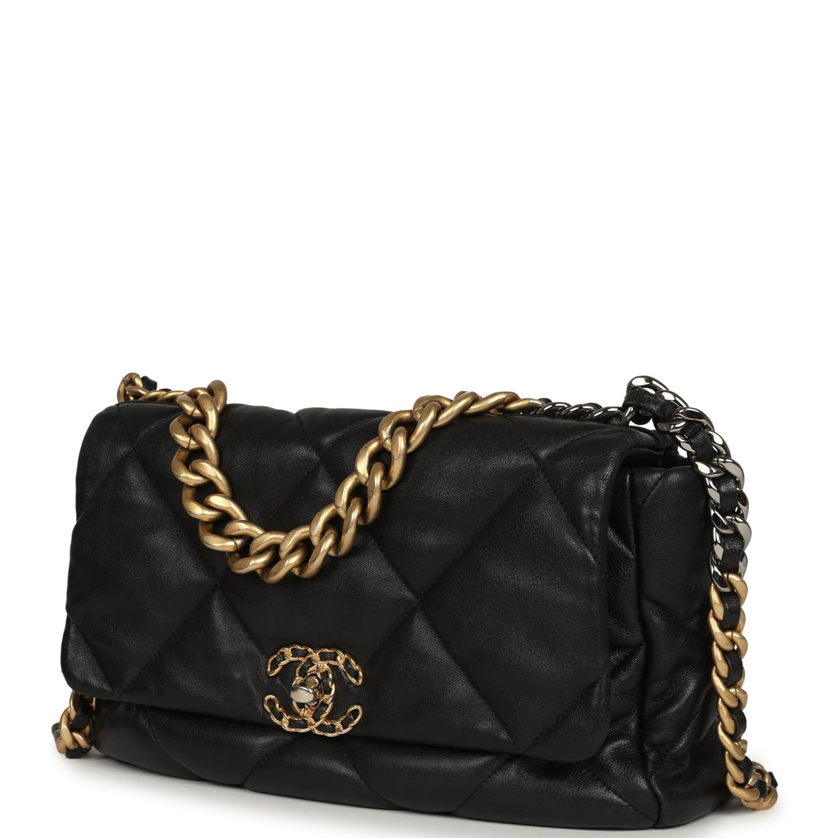 Pre-owned Chanel Large 19 Flap Bag Black Shiny Lambskin Mixed Metal Hardware