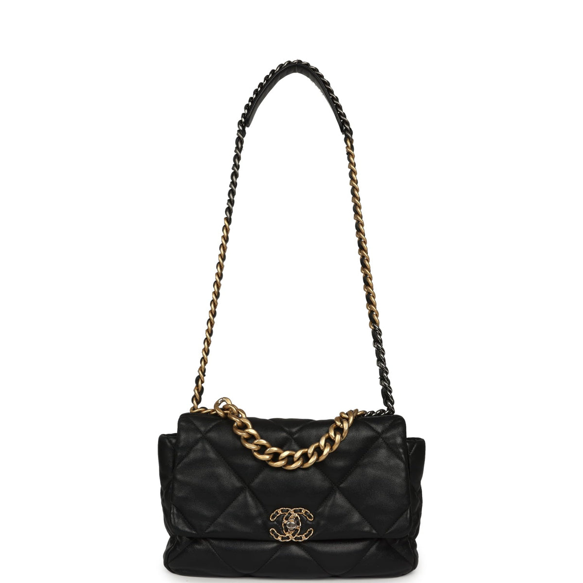 Pre-owned Chanel Large 19 Flap Bag Black Shiny Lambskin Mixed Metal Hardware