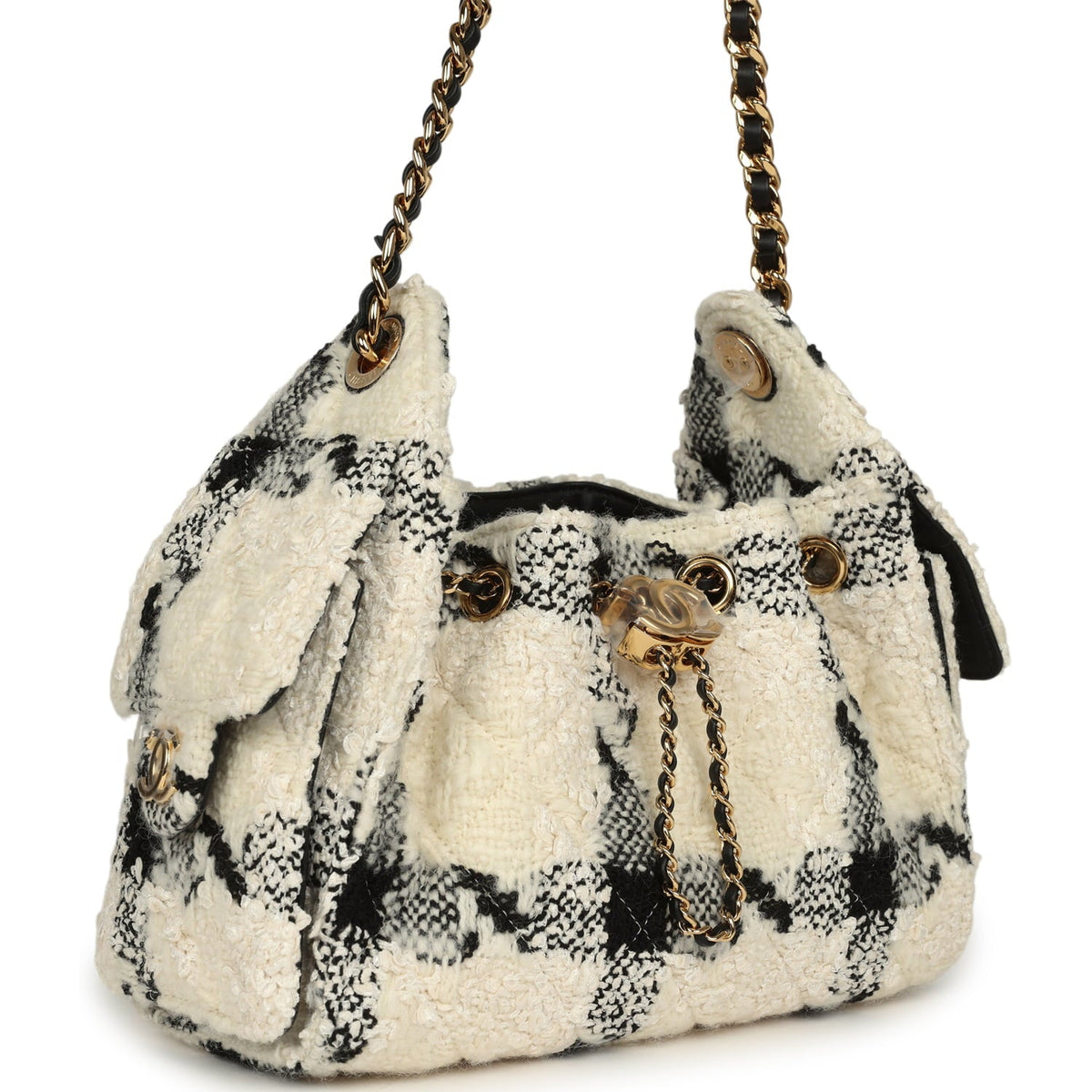 Chanel Mini 25 Hobo Bag White, Black Tweed Gold Hardware