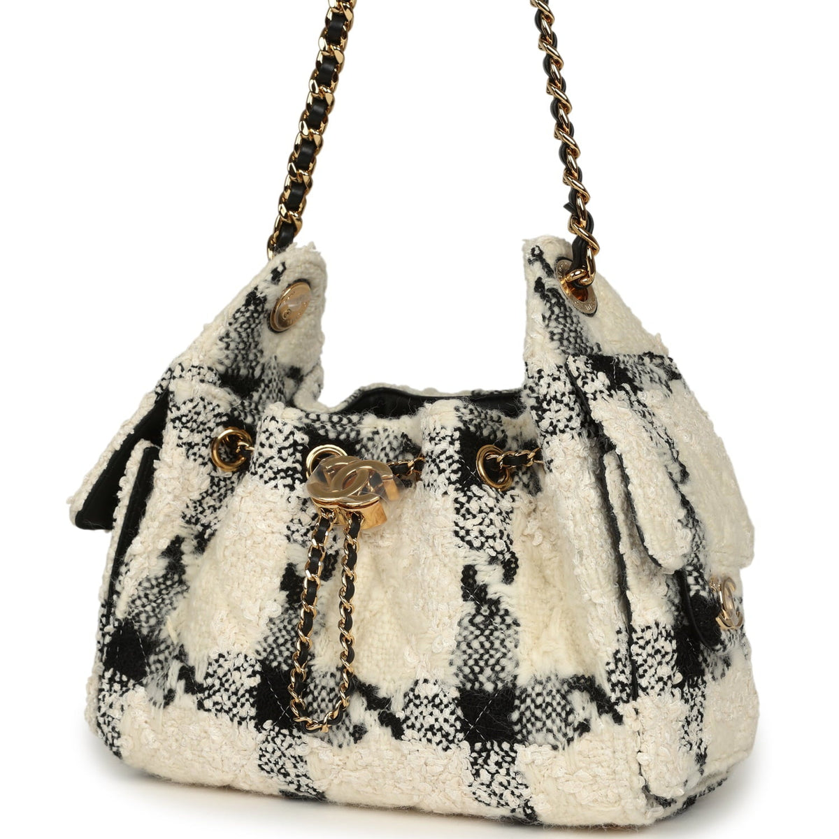 Chanel Mini 25 Hobo Bag White, Black Tweed Gold Hardware