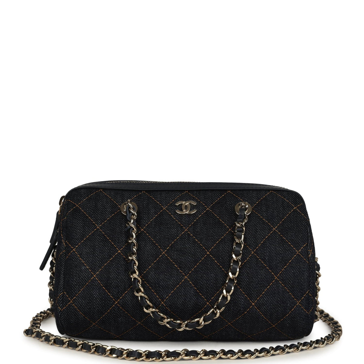 Chanel Mini Timeless Classic Barrel Bag with Chain Dark Blue Denim Light Gold Hardware