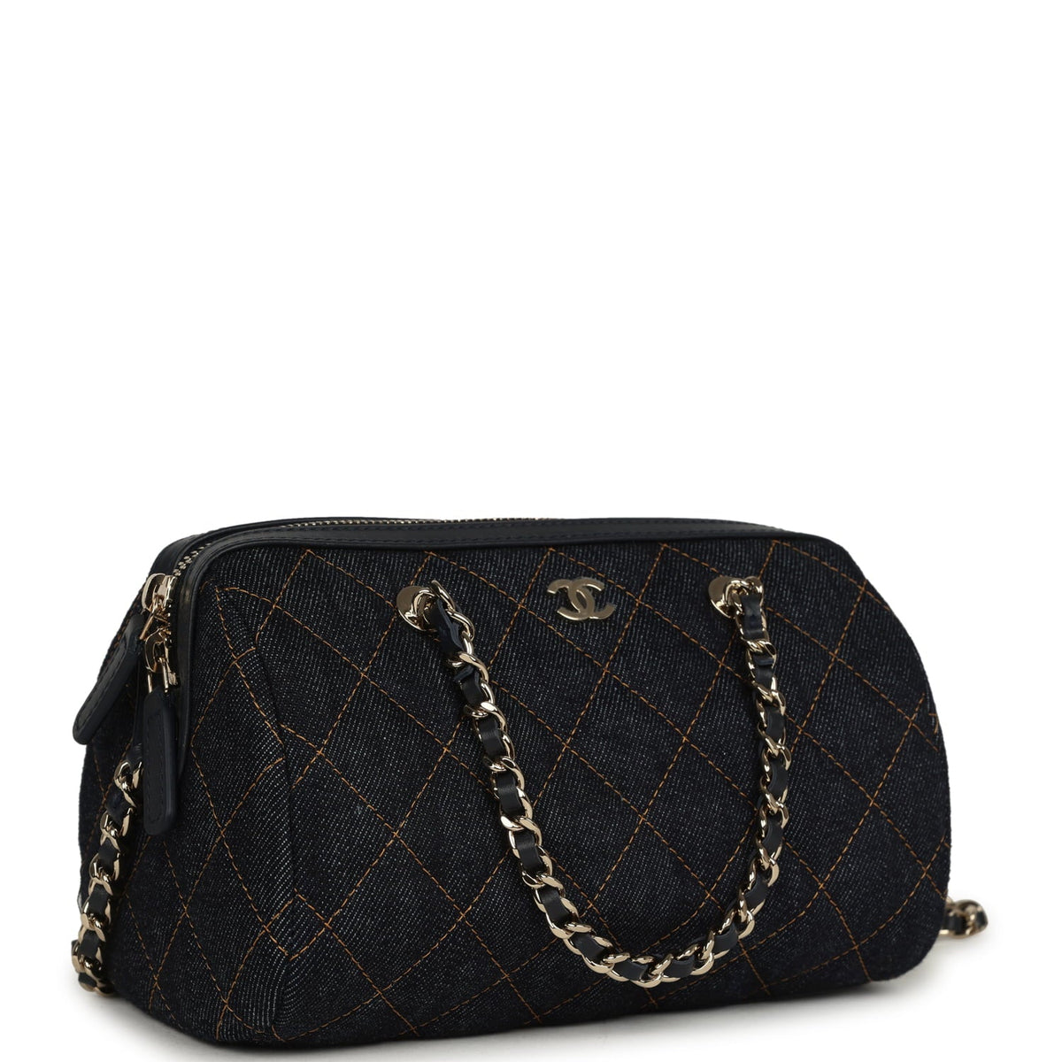 Chanel Mini Timeless Classic Barrel Bag with Chain Dark Blue Denim Light Gold Hardware