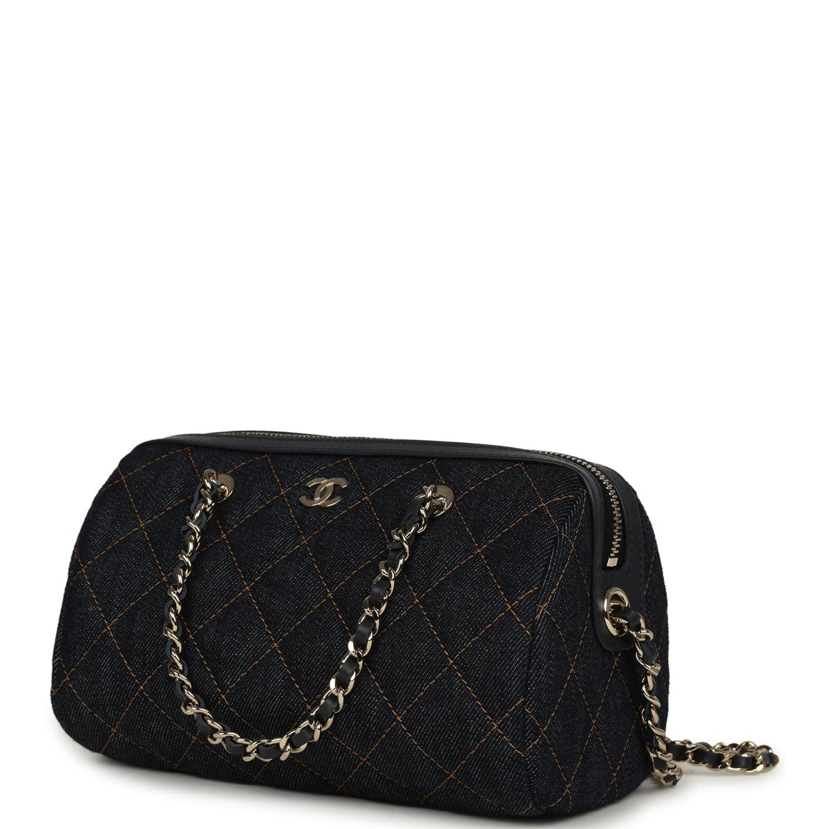 Chanel Mini Timeless Classic Barrel Bag with Chain Dark Blue Denim Light Gold Hardware