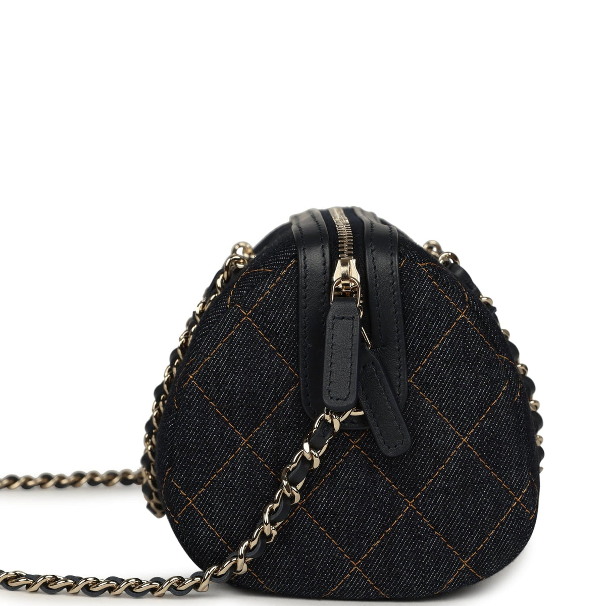 Chanel Mini Timeless Classic Barrel Bag with Chain Dark Blue Denim Light Gold Hardware