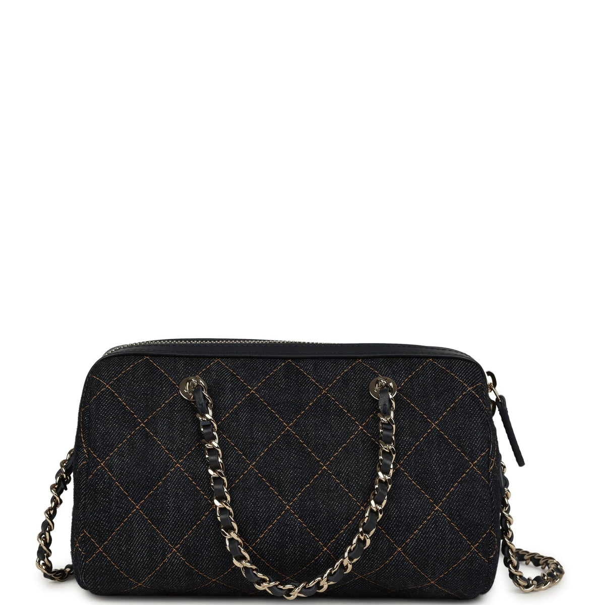 Chanel Mini Timeless Classic Barrel Bag with Chain Dark Blue Denim Light Gold Hardware