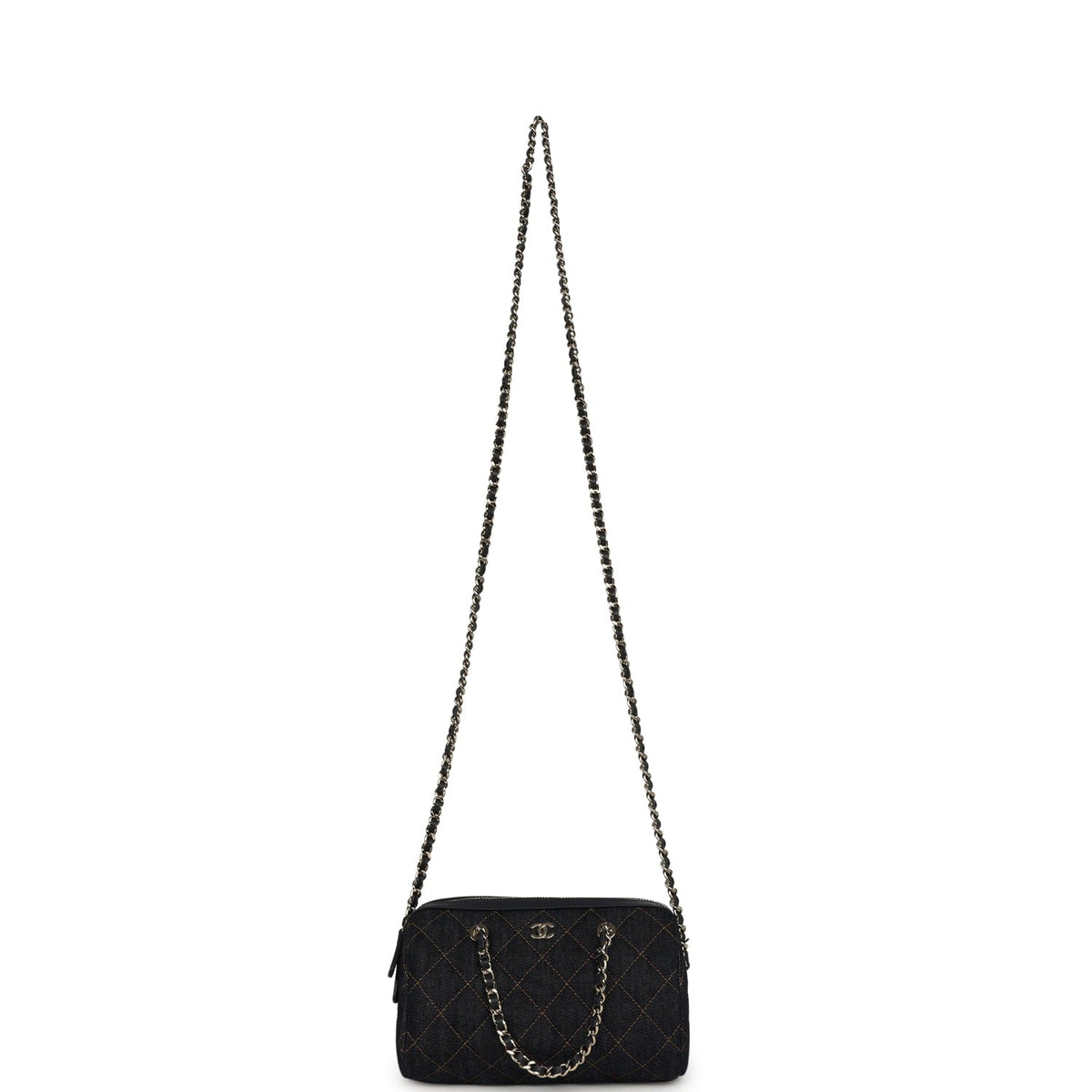 Chanel Mini Timeless Classic Barrel Bag with Chain Dark Blue Denim Light Gold Hardware