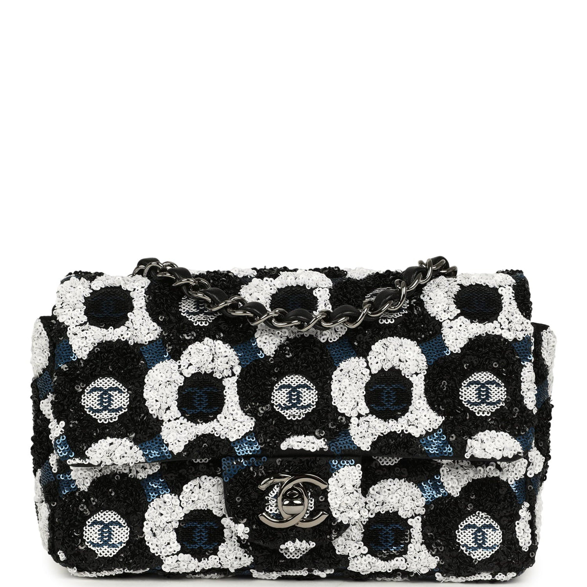 Pre-owned Chanel Mini Rectangular Flower Flap Bag Black, Navy, White Sequin Ruthenium Hardware