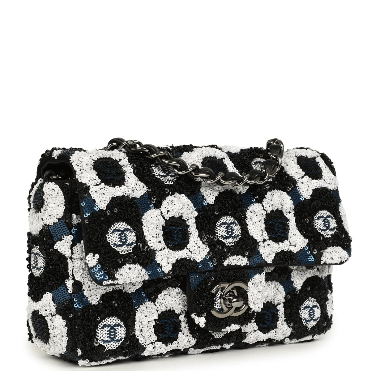 Pre-owned Chanel Mini Rectangular Flower Flap Bag Black, Navy, White Sequin Ruthenium Hardware