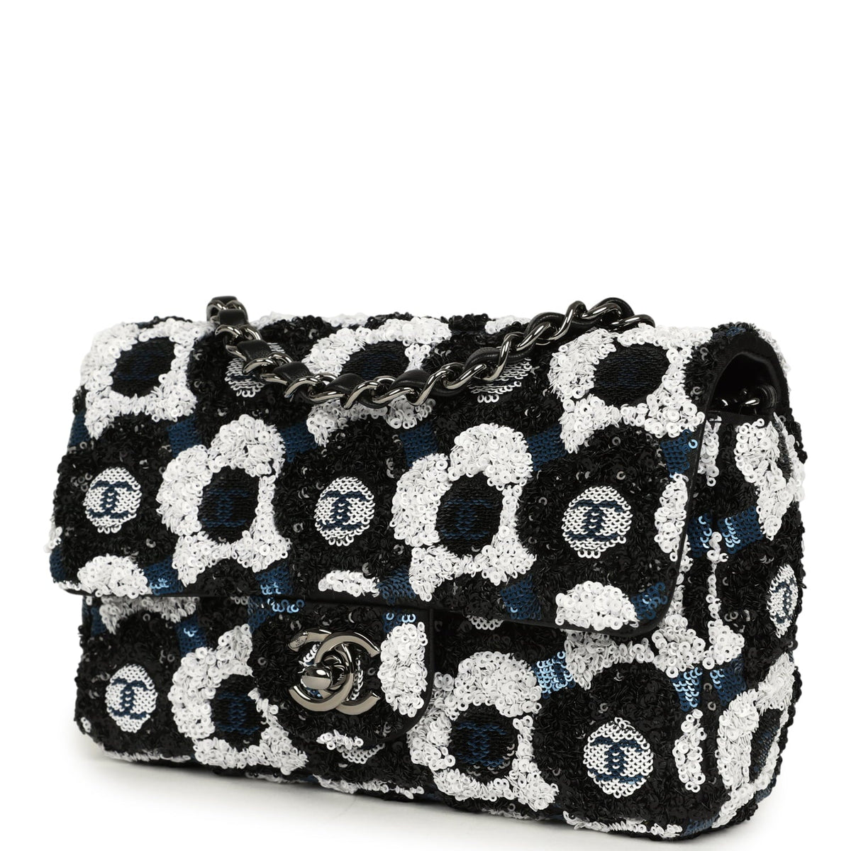 Pre-owned Chanel Mini Rectangular Flower Flap Bag Black, Navy, White Sequin Ruthenium Hardware