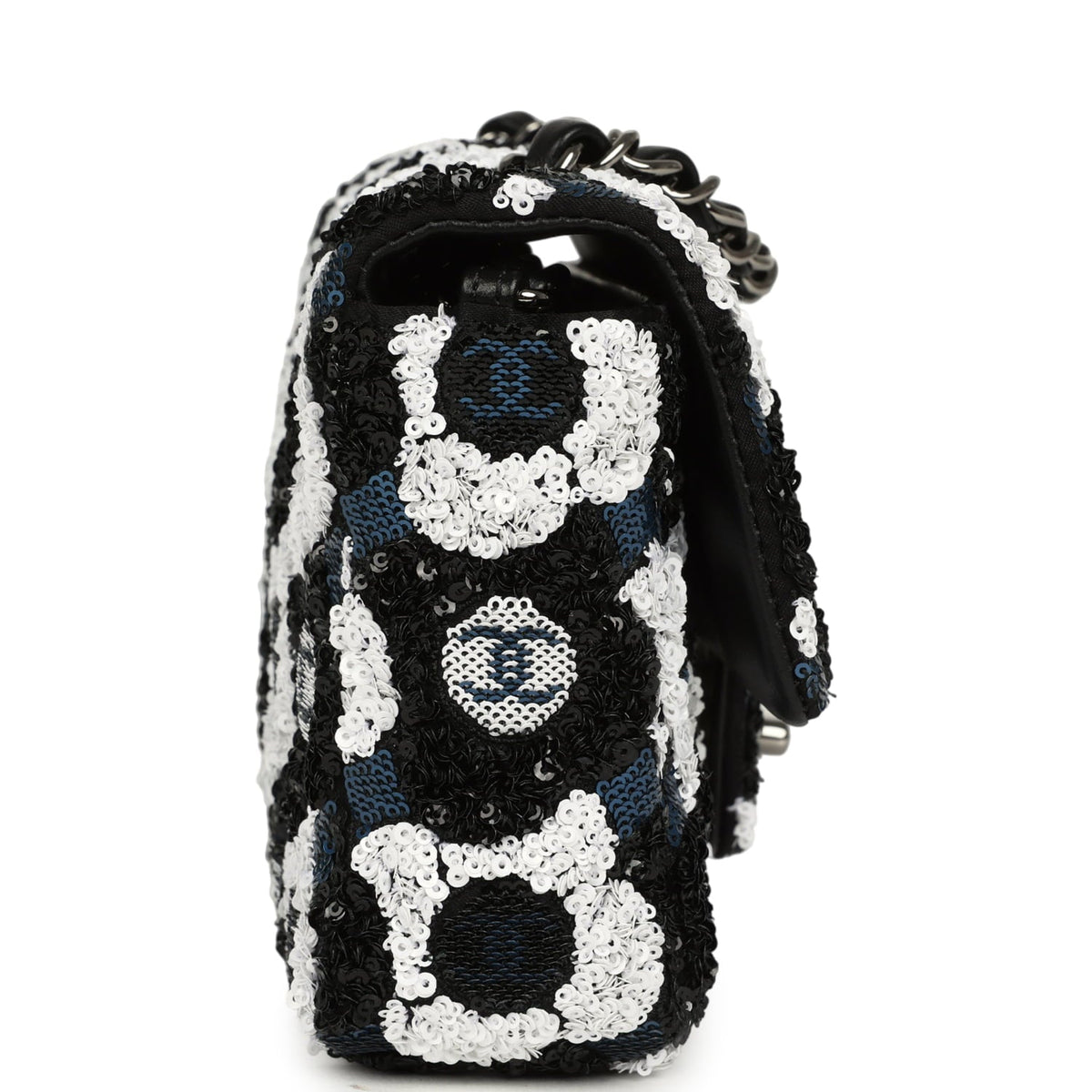 Pre-owned Chanel Mini Rectangular Flower Flap Bag Black, Navy, White Sequin Ruthenium Hardware