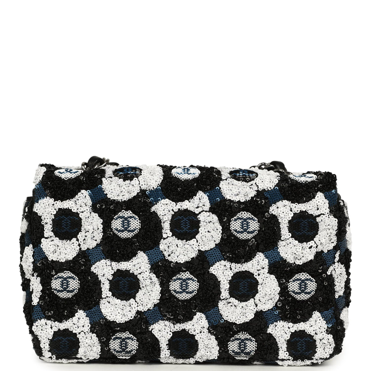 Pre-owned Chanel Mini Rectangular Flower Flap Bag Black, Navy, White Sequin Ruthenium Hardware