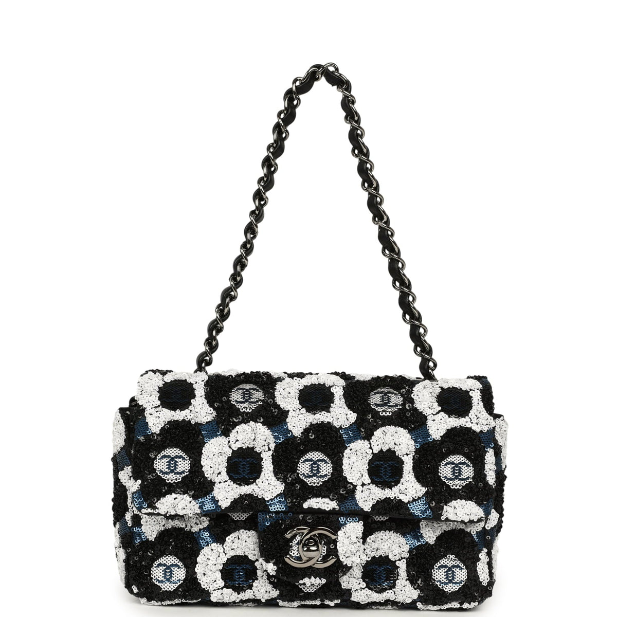 Pre-owned Chanel Mini Rectangular Flower Flap Bag Black, Navy, White Sequin Ruthenium Hardware
